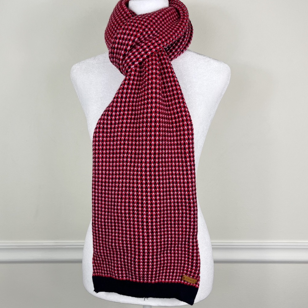 Coach Red Tricolor Tuckstitch‎ Wool Cotton Blend Knit Scarf